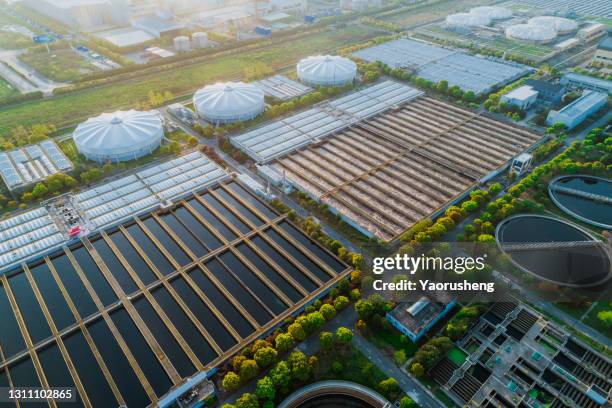 aerial view of a sewage treatment plant - biomass power plant bildbanksfoton och bilder