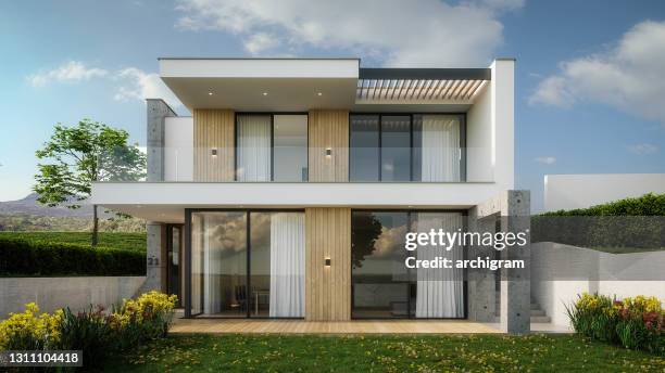 computer generated image of a house. architectural visualization. 3d rendering. interior design - grounds stock pictures, royalty-free photos & images