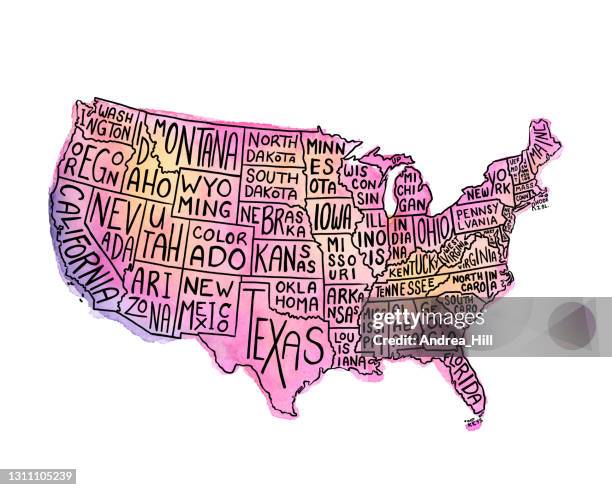 usa staaten karte aquarell und tinte illustration mit staatsnamen. vector eps10 illustration - amerikanische-bundesstaatsgrenze stock-grafiken, -clipart, -cartoons und -symbole