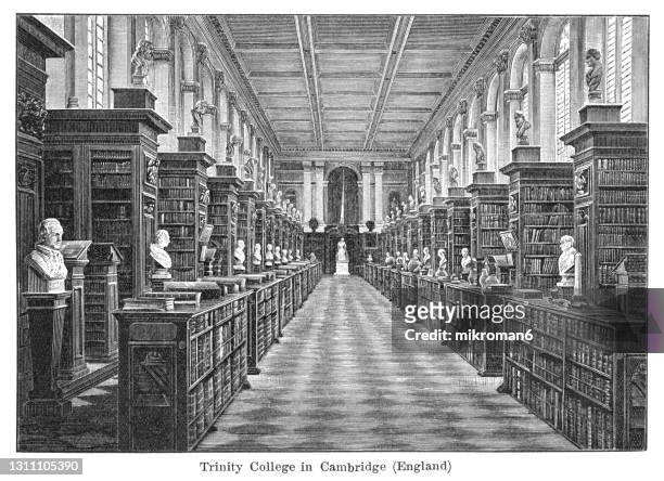 old engraved illustration of library of trinity college cambridge, england - trinity college library imagens e fotografias de stock