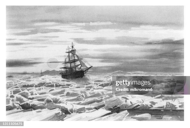 old chromolithograph illustration of midnight sun. sailing ship in the floating ice - old ship stock pictures, royalty-free photos & images