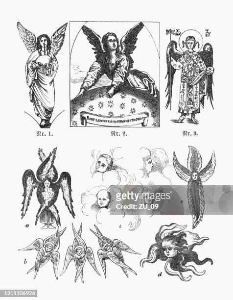 illustrazioni stock, clip art, cartoni animati e icone di tendenza di angeli, cherubini e serafini, incisioni in legno, pubblicati nel 1893 - angel wings