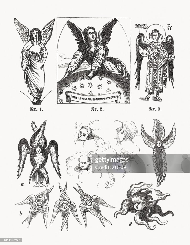 天使、ケルビム、セラフィム、木彫り、1893年に出版