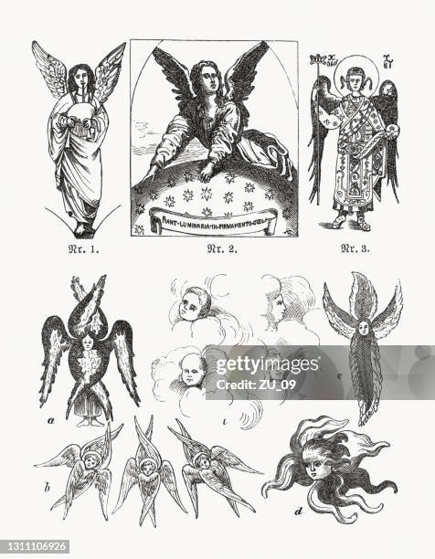 ilustrações de stock, clip art, desenhos animados e ícones de angels, cherubim and seraphim, wood engravings, published in 1893 - anjo