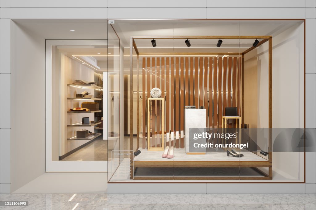 服裝店的外觀與鞋子和其他配件展示在展示
