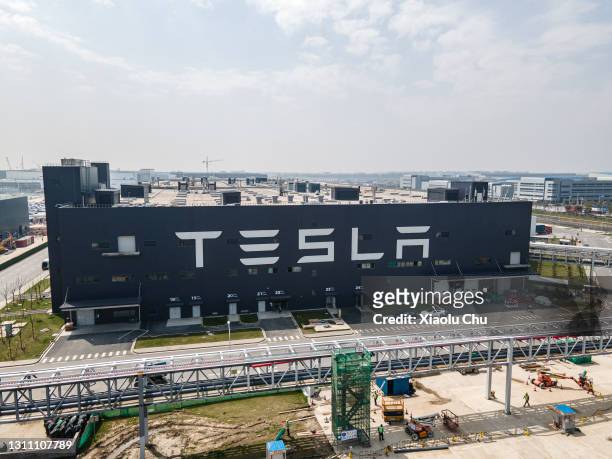 An aerial view of Tesla Shanghai Gigafactory on March 29, 2021 in Shanghai, China. Tesla Shanghai Gigafactory is reportedly producing vehicles at a...