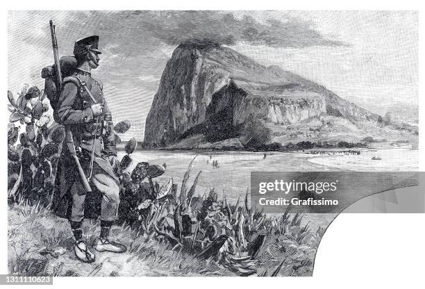 ilustraciones, imágenes clip art, dibujos animados e iconos de stock de soldado británico frente al peñón de gibraltar 1893 - gibraltar