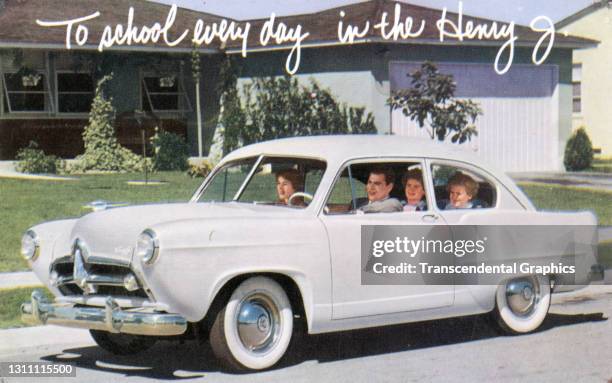 Postcard advertises the Kaiser-Frazer Corporation Henry J-Door Sedan, 1950.