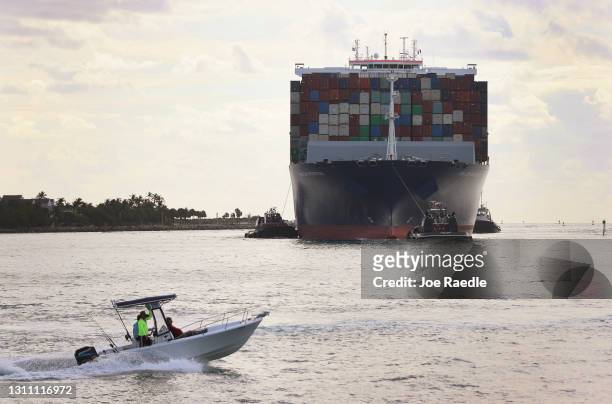 The CMA CGM Argentina container ship arrives at PortMiami on April 06, 2021 in Miami, Florida. The port announced that the 366 meters long 000 TEU...