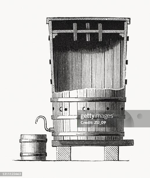 stockillustraties, clipart, cartoons en iconen met houten vat voor de azijnproductie, houtgravure, uitgegeven 1893 - vinegar