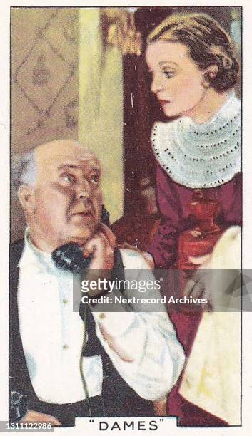 Collectible tobacco or cigarette card, 'Shots from Famous Films' series, published in 1935 by Gallaher Ltd, here actors Zasu Pitts and Guy Kibbee in...