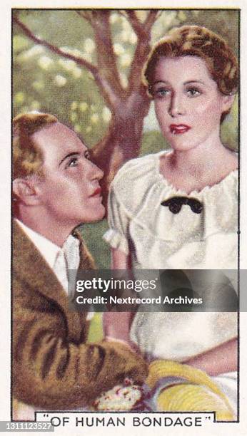 Collectible tobacco or cigarette card, 'Shots from Famous Films' series, published in 1935 by Gallaher Ltd, here actors Leslie Howard and Frances Dee...