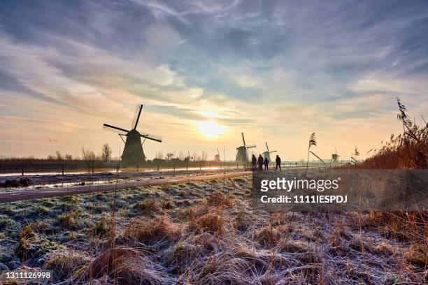 kinderdijk during a wintermorning - netherlands stock pictures, royalty-free photos & images
