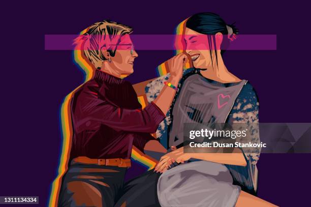 ilustraciones, imágenes clip art, dibujos animados e iconos de stock de retrato de una joven pareja lésbica - lesbian-couple-embracing