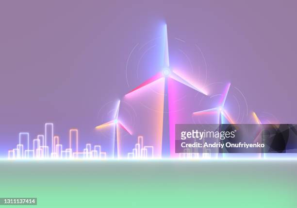 Wind turbine neon silhouette shape.