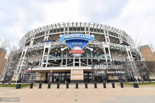 General stadium view of the exterior of Progressive Field prior to the home opener between the Cleveland Indians and the Kansas City Royals on April...