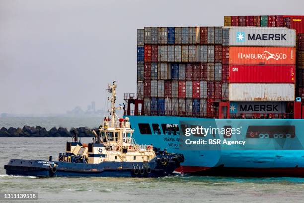 Container cargo ship is seen in Rotterdam Harbour on April 4, 2021 in Rotterdam, Netherlands. Heavy traffic is expected in Rotterdam Harbour now that...