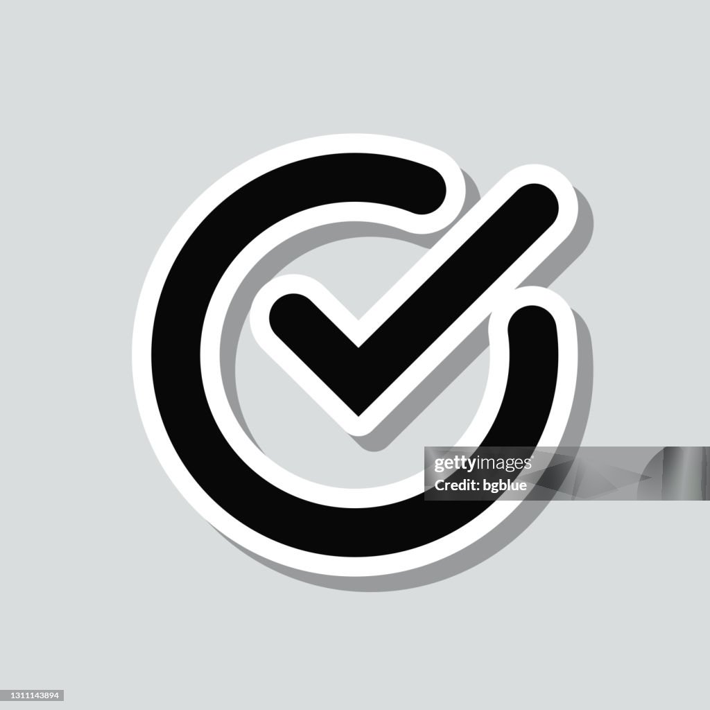 Check mark. Icon sticker on gray background