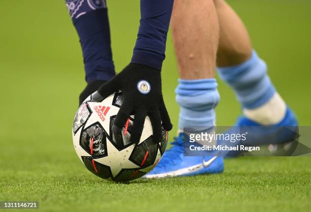 The Adidas Finale match ball is seen placed on the pitch prior to the UEFA Champions League Quarter Final match between Manchester City and Borussia...