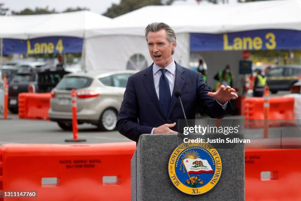 California Gov. Gavin Newsom speaks during a news conference after touring the vaccination clinic at City College of San Francisco on April 06, 2021...