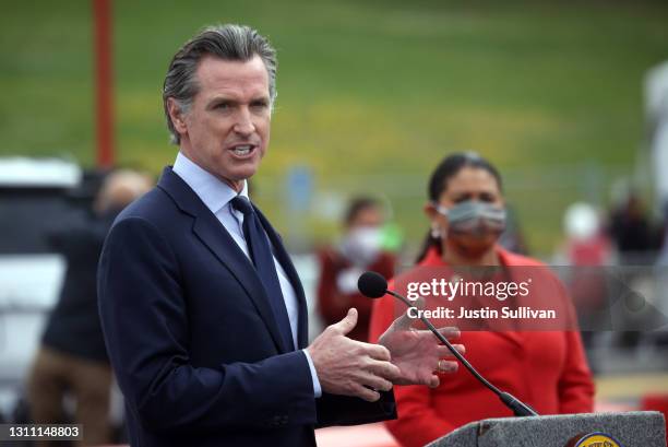 California Gov. Gavin Newsom speaks during a news conference after touring the vaccination clinic at City College of San Francisco with San Francisco...