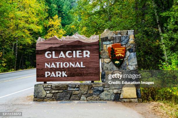 North America, USA, Montana, Glacier National Park, Entrance monument Sign.