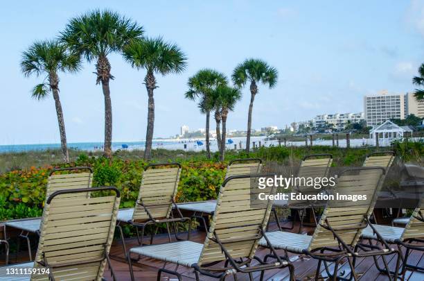 North America, USA, Florida, Sarasota, Crescent Beach, Siesta Key, Siesta Dunes Condominium, Covid-19 Vacant Deck and Beach.