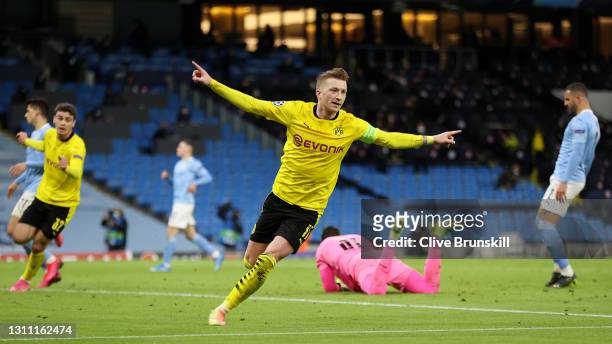 Marco Reus of Borussia Dortmund celebrates after scoring their team's first goal during the UEFA Champions League Quarter Final match between...