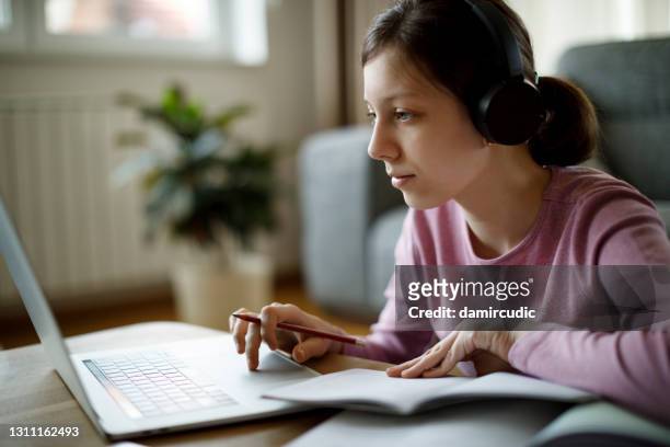 glimlachende tiener die laptop met behulp van voor het bestuderen thuis gebruikt - workbook stockfoto's en -beelden