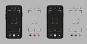 Photo camera mobile interface. Set of smartphone devices, video capture mode, viewfinder grid. Phone display in vector