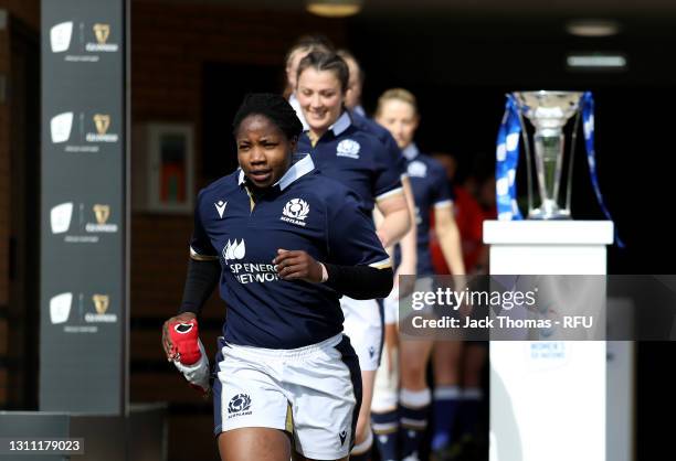 Panashe Muzambe of Scotland takes to the field during the Women's Six Nations match between England and Scotland at Castle Park on April 03, 2021 in...