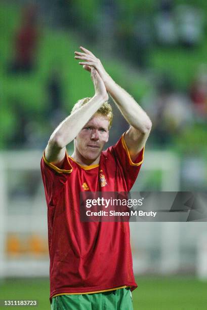 Steve Staunton of Ireland wearing a Spanish shirt after losing on penalties in the World Cup round 16 match between Spain and Ireland at the Suwon...