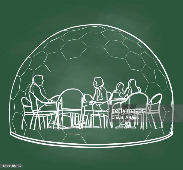 ilustraciones, imágenes clip art, dibujos animados e iconos de stock de restaurante climatizado terraza bubble chalkboard - social distancing