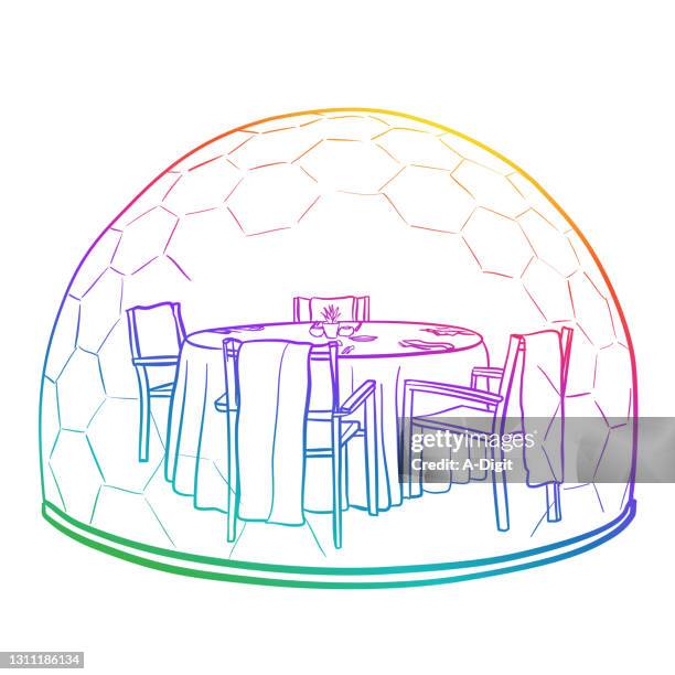 restaurant table in social distancing bubble rainbow - table tablecloth isolated stock illustrations