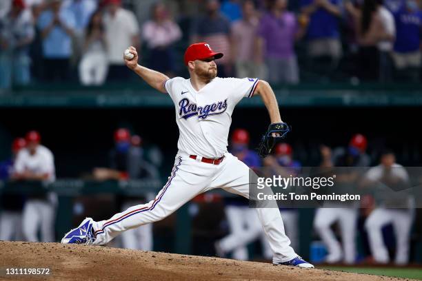 Ian Kennedy of the Texas Rangers pitches against the Toronto Blue Jays in the top of the ninth inning at Globe Life Field on April 06, 2021 in...