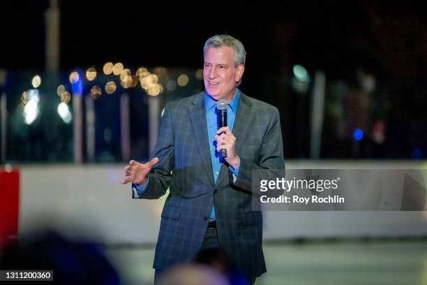 Mayor Bill de Blasio speaks during the opening night performance of Influences and BAM's spring 2021 season at LeFrak Center at Lakeside on April 06,...