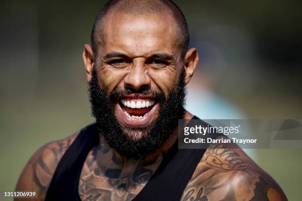 Josh Addo-Carr of the Storm looks on during a Melbourne Storm NRL training session at Gosch's Paddock on April 07, 2021 in Melbourne, Australia.