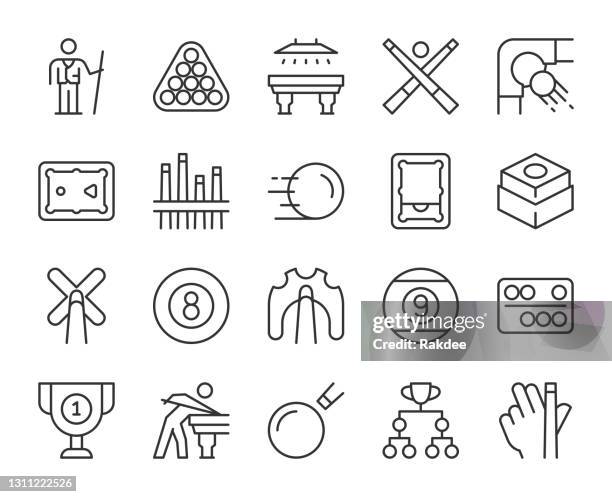 ilustraciones, imágenes clip art, dibujos animados e iconos de stock de snooker y piscina - iconos de línea de luz - mesa de billar