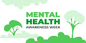 National mental health awareness week. Vector web banner for social media, poster, card, flyer. Text National mental health awareness week. Background, illustration with nature, trees, mental concept.