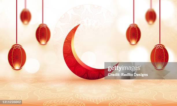 stockillustraties, clipart, cartoons en iconen met eid mubarak, realistische halve maan, wens groet poster, illustratie vector stock illustratie - eid mubarak