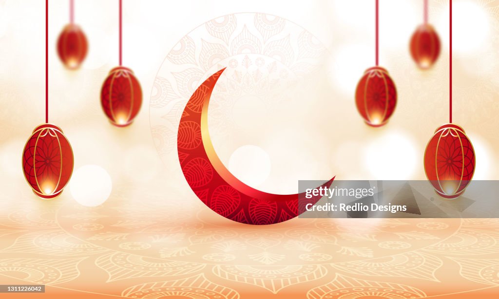 Eid mubarak, realistic crescent moon, wish greeting poster, illustration vector stock illustration