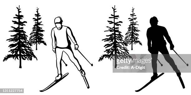 x-country skate skiing silhouette - norway spruce stock illustrations