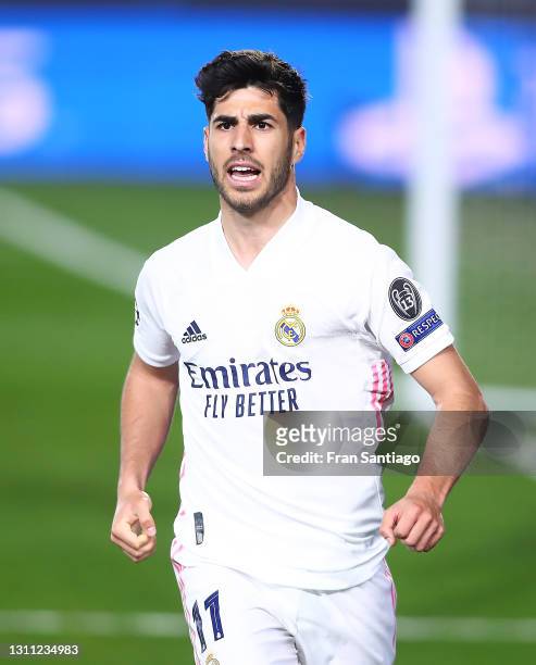 Marco Asensio of Real Madrid celebrates scoring a goal during the UEFA Champions League Quarter Final match between Real Madrid and Liverpool FC at...