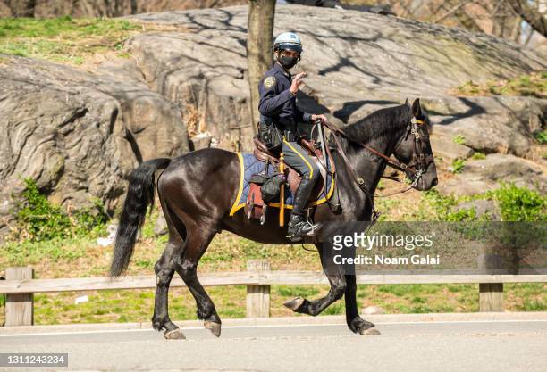 An NYPD Mounted Unit patrol officer is on duty in Central Park amid the coronavirus pandemic on April 06, 2021 in New York City. After undergoing...
