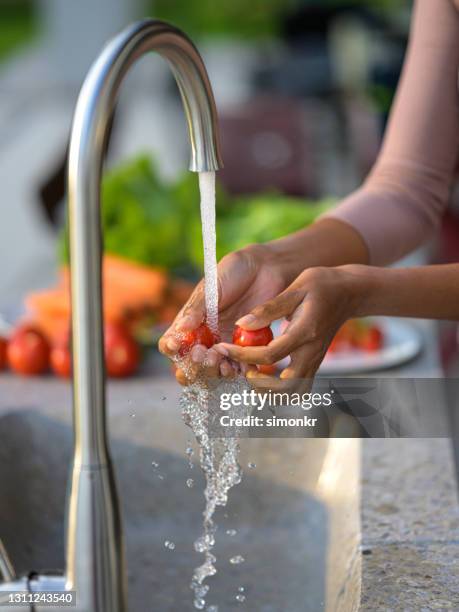 woman's hands washing tomatoes in garden sink - running water stock pictures, royalty-free photos & images