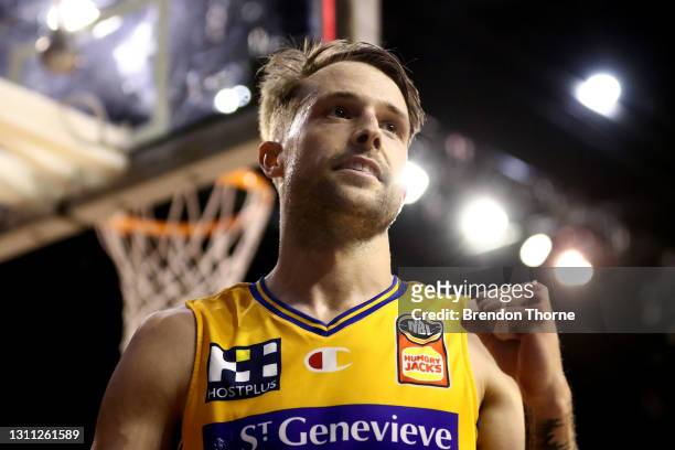 Nathan Sobey of the Bullets celebrates during the round 13 NBL match between the Illawarra Hawks and the Brisbane Bullets at WIN Entertainment...