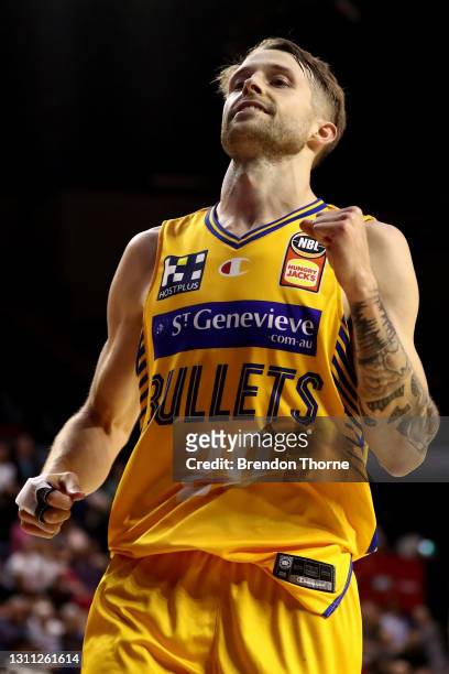 Nathan Sobey of the Bullets celebrates during the round 13 NBL match between the Illawarra Hawks and the Brisbane Bullets at WIN Entertainment...