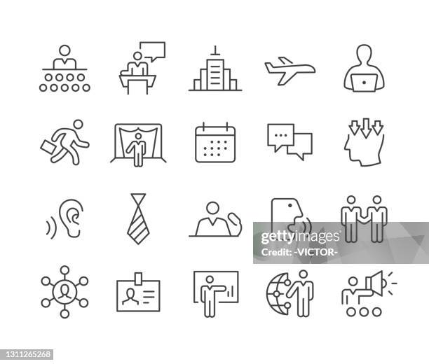 stockillustraties, clipart, cartoons en iconen met de pictogrammen van de overeenkomst van het bedrijfsleven - klassieke reeks van de lijn - conventiecentrum