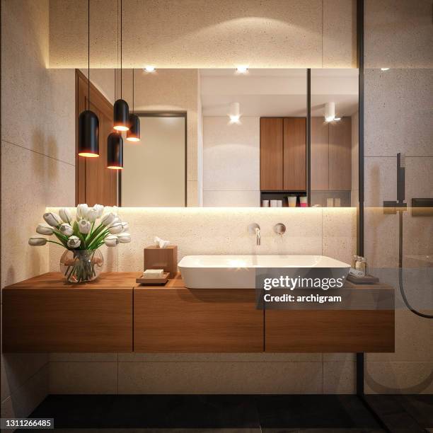 interior design. architecture. computer generated image of bathroom. architectural visualization. 3d rendering. - casa de banho doméstica imagens e fotografias de stock