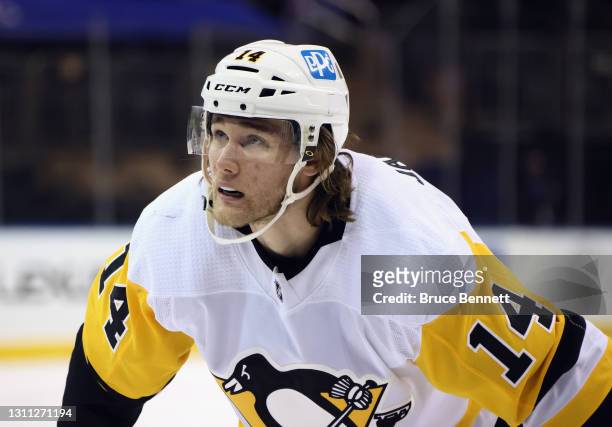 Mark Jankowski of the Pittsburgh Penguins skates against the New York Rangers at Madison Square Garden on April 06, 2021 in New York City. The...